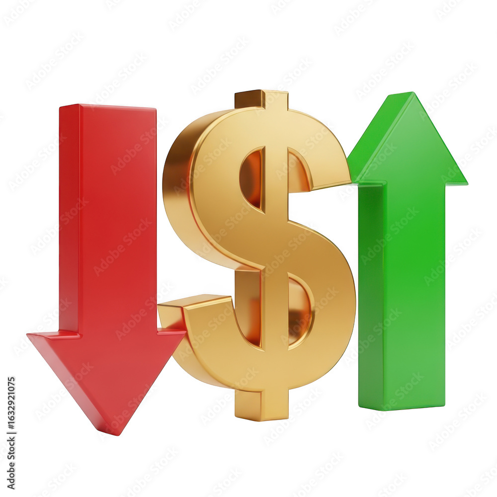 Poster 3d dollar sign with up and down arrows isolated on transparent background