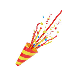 3d party popper exploding with confetti and streamers isolated on transparent background