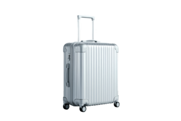 Modern silver aluminum suitcase travel bag isolated on grey trip metal on transparent background
