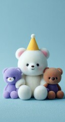 Three teddy bears, pastel colors, soft style