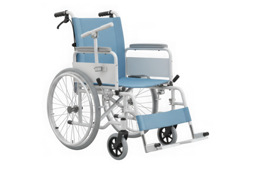 Photo of light blue wheelchair isolated on transparent background for disabled people