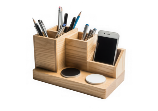 Photo of wooden desk organizer with pens and smartphone isolated on white isolated on transparent background - Powered by Adobe