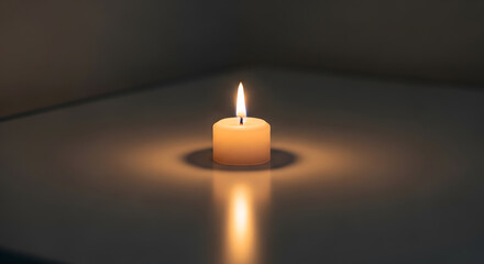 Single lit candle on a white surface. Symbol of calm focus, presence, and inner clarity.