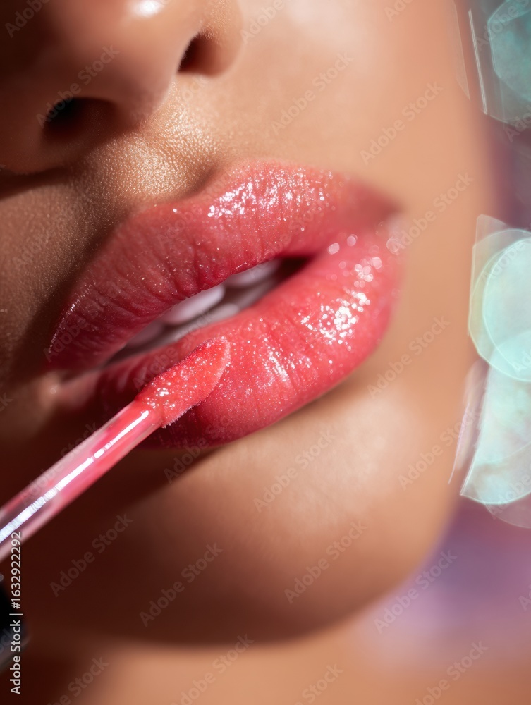 Poster models lips in sharp focus while applying glossy product against a softly blurred background for a s
