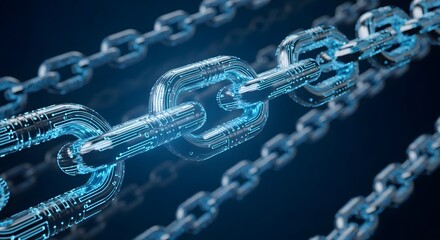 Digital blockchain network connection with glowing blue circuits