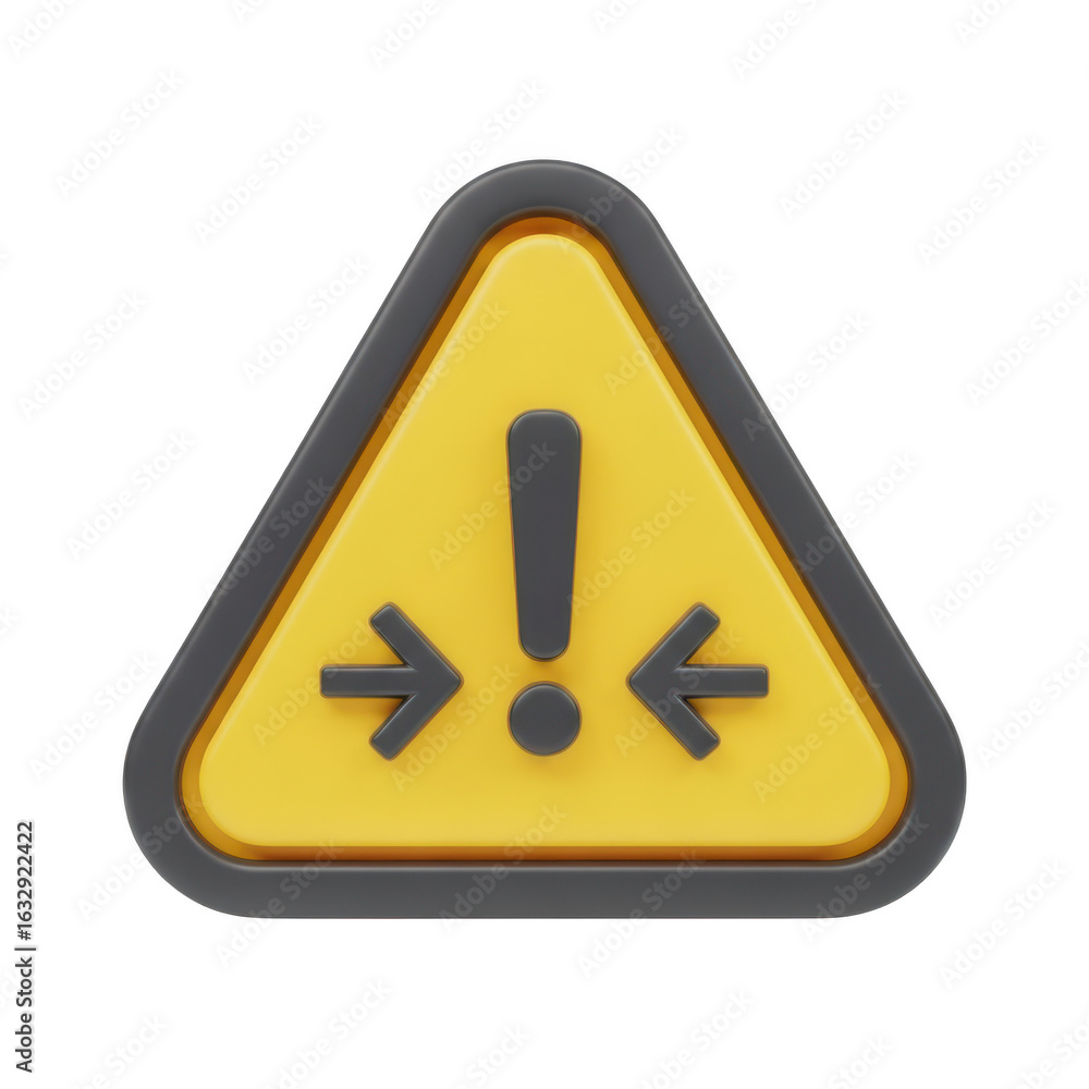 Poster 3d warning sign with exclamation mark and arrows isolated on transparent background