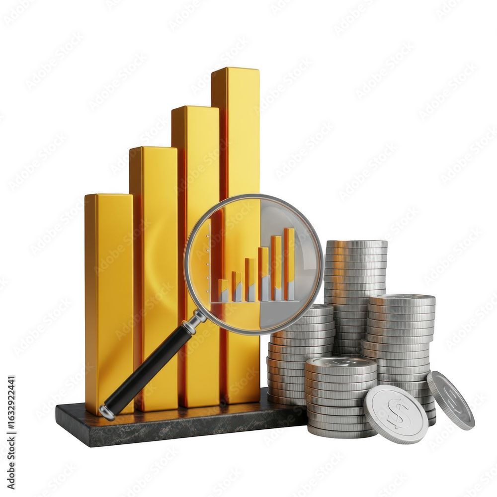 Poster 3d bar chart with magnifying glass and coins isolated on transparent background