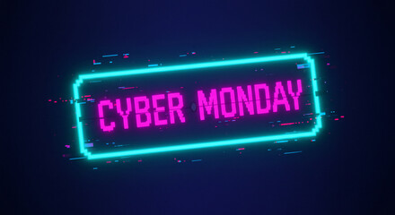 Vibrant neon 'Cyber Monday' pixel art text with a glitch effect on a dark background, perfect for online sale promotions, e-commerce banners, and digital marketing campaigns