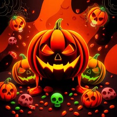 Spooky Halloween pumpkins and skulls glow with vibrant, eerie light