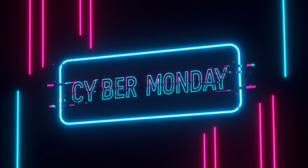 Vibrant neon 'Cyber Monday' sign with dynamic glitch effect, set against a dark, futuristic background with glowing pink and blue vertical lines, perfect for online sales and e-commerce promotions