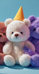 Three teddy bears, one with a party hat, against a bright blue backdrop