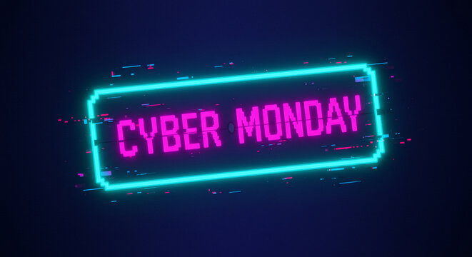 Vibrant neon 'Cyber Monday' pixel art text with a glitch effect on a dark background, perfect for online sale promotions, e-commerce banners, and digital marketing campaigns - Powered by Adobe