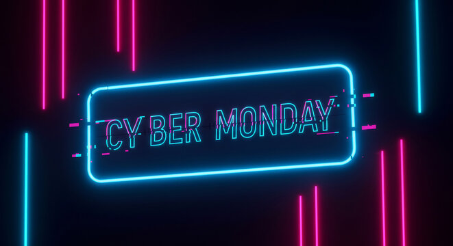 Vibrant neon 'Cyber Monday' sign with dynamic glitch effect, set against a dark, futuristic background with glowing pink and blue vertical lines, perfect for online sales and e-commerce promotions