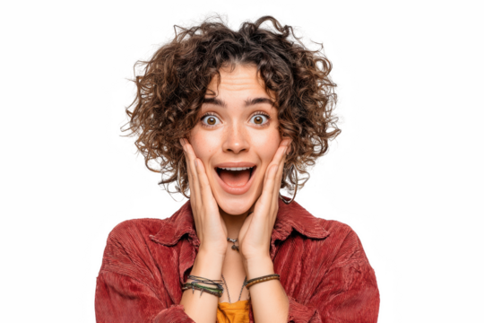 Amazed young woman with surprised expression holding her face, looking at camera on transparent background