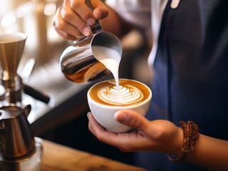 Elegant Close-up: Latte Artist's Hands Pouring Milk to Create a Delicate Leaf Design


