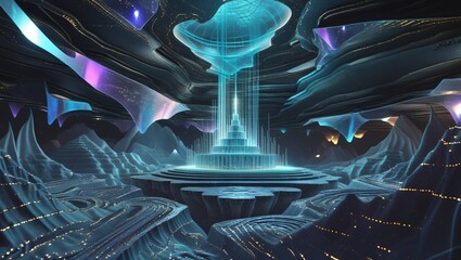 A glowing blue energy beam rises from a central platform in a vast, futuristic alien cavern.