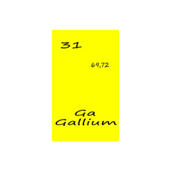Gallium periodic element. Number 31 symbol. Bright yellow card. Vector science illustration.