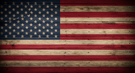 Vintage American flag painted on weathered wooden planks, conveying a distressed, rustic patriotic background ideal for national holidays, independence day, or a textured Americana theme