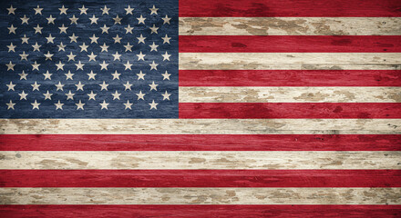 Vintage distressed wooden American flag background, evoking patriotic pride and heritage. Ideal for national holidays, historical themes, or rustic graphic designs