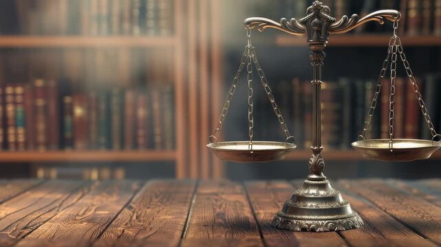 Elegant scales justice stand poised on weathered wooden surface, muted tones, book-lined background hint at solemnity, history legal tradition.