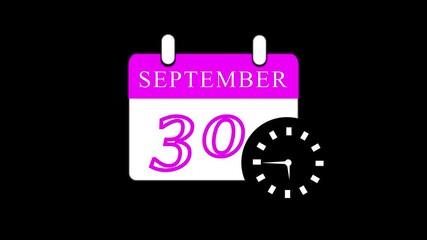 30 September month calendar with time symbol. Simple calendar icon animation and date change of time month.30 September in calendar animation .Calendar September month calendar symbol background 4k .