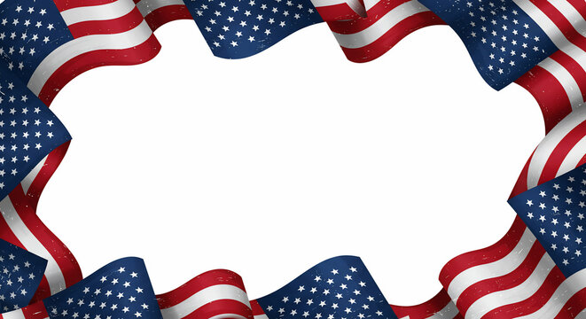 Waving American flag border with grunge texture on white background, ideal patriotic frame for USA holidays, events, or national celebrations, perfect for banners, text, or graphic overlays