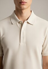 Beige polo shirt mockup, a man wearing a plain polo shirt for apparel branding, fashion design, and textile projects
