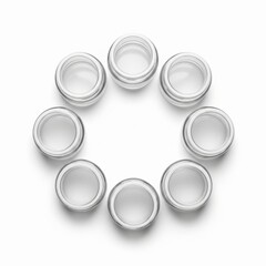 Small empty glass jar packaging mockup set arranged in a circle, isolated on white for cosmetic, food, and sample product concepts