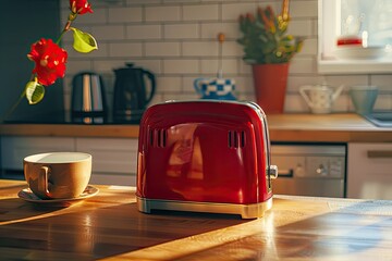 detailed image of Close up photo of a red toaster on a kitchen table