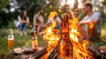A close-up of a beer bottle in front of a campfire. In the background, a group of diverse young adults relax and enjoy the outdoor gathering.
