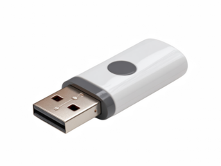 Sleek white and grey USB drive featuring a simple dot design, isolated product shot on transparent background.