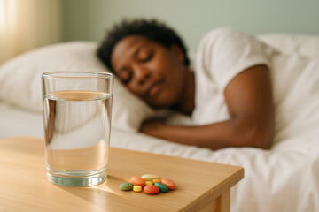 Glass of water and colorful pills on bedside table with person sleeping in background, medication and hydration routine
