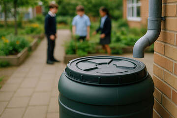 Outdoor school garden with children learning near large rainwater collection barrel for sustainable environmental education