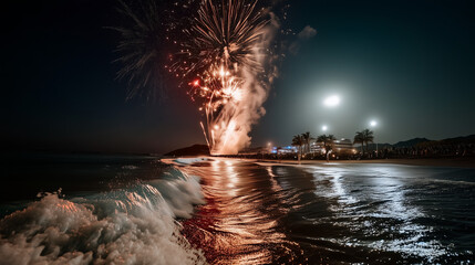 Fireworks exploding in the night sky over the ocean with full moon in the sky
