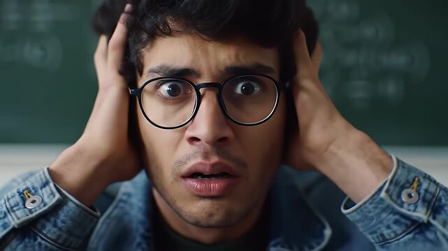 Stressed Man Holding His Head with Math Equations on Chalkboard in Background