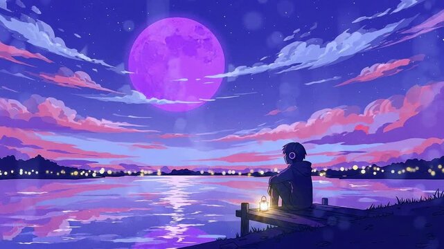 Person Silhouetted Against Purple Moonlit Lake