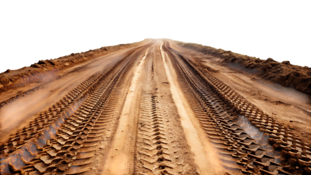 Dirt road with deep tire tracks leading towards a bright horizon on black background graphic design isolated on a transparent background