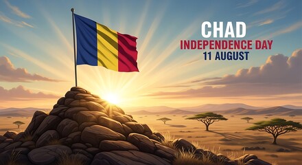 Chad Independence Day: Sunrise Flag on Rocky Peak, African Savanna