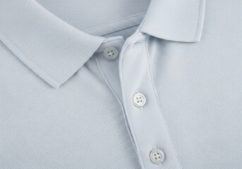 Close-up of a blank blue polo shirt collar with buttons, for apparel product detail and quality showcase