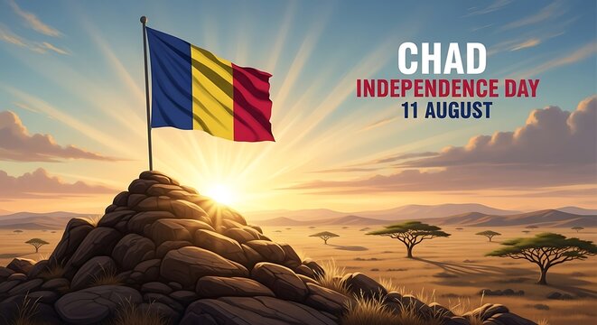 Chad Independence Day: Sunrise Flag on Rocky Peak, African Savanna
