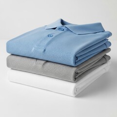 Stack of folded blank polo shirt mockups in blue, gray and white for apparel branding and color options