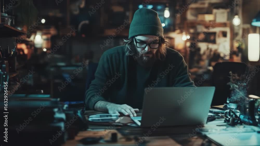Aufkleber intense bearded male coder, with glasses, typing on a laptop at a desk with soft lighting in a