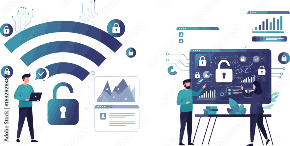 Aufkleber vector art of team working on secured wifi connection isolated on white background