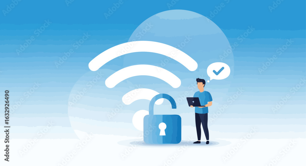 Poster vector art of man using secured wifi connection with padlock isolated on white background
