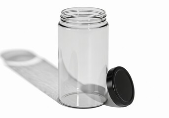 Transparent cylindrical glass jar packaging mockup with a black lid, for food, spices, and cosmetic product branding