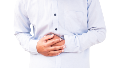 a patient with stomach pain is holding their abdomen