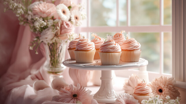 A display of soft pink frosted cupcakes on a vintage white cake stand, surrounded by pastel pink decor