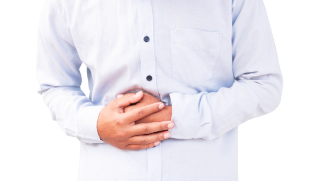 a patient with stomach pain is holding their abdomen