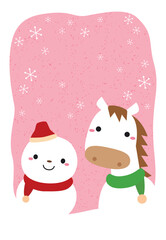 2026年午年の午と雪だるまの年賀状・カード/ピンク/文字なし
