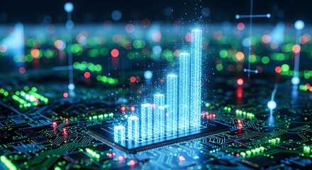 Digital bar chart showing upward trend on a circuit board